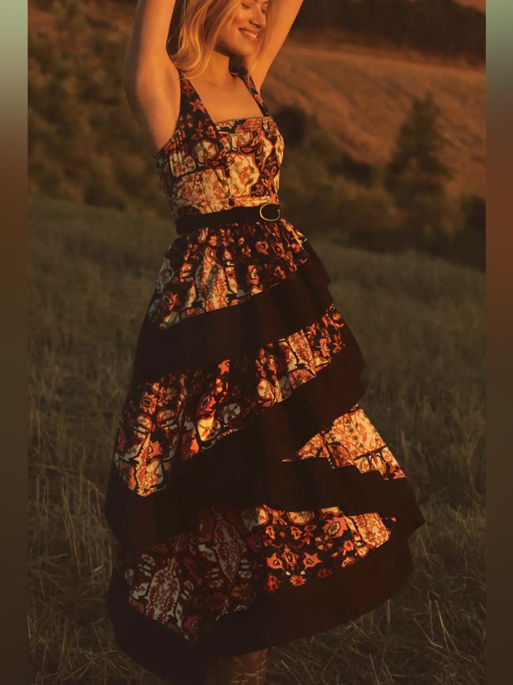 Anthropologie XL Square Neck Floral Print Tiered Midi Dress NEW